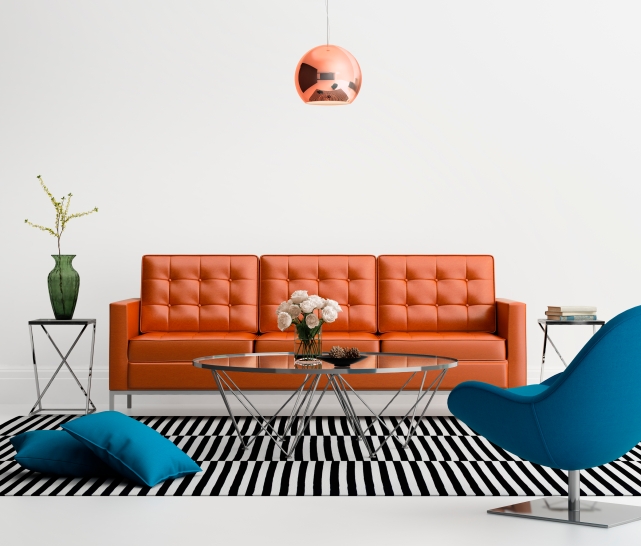 Contemporary living room with orange leather sofa